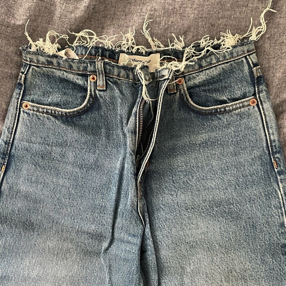 Reformation Light Blue Straight Leg Jeans - Frayed Waist
